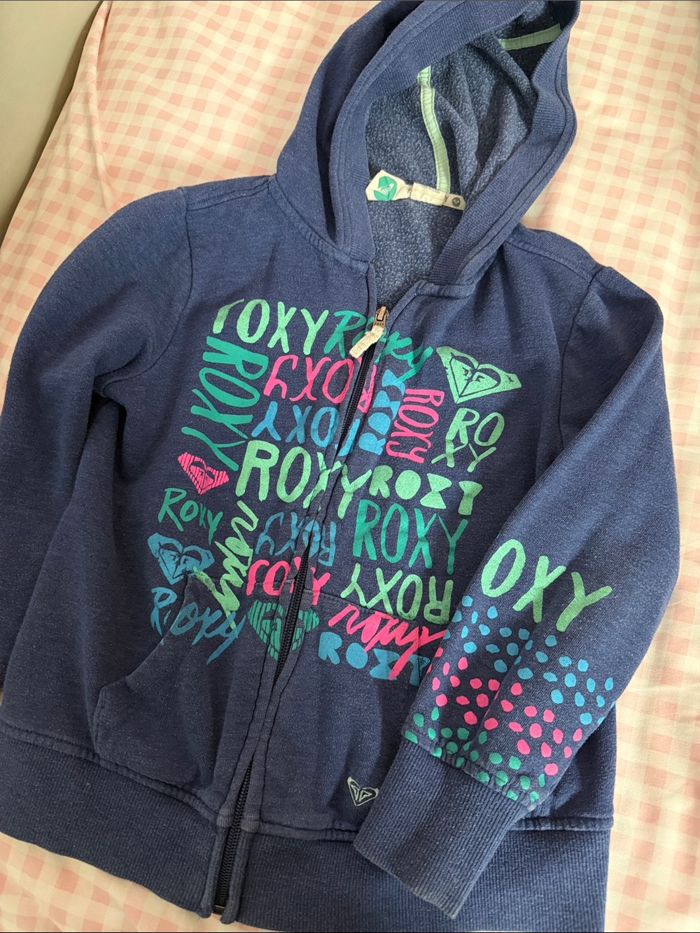 Roxy Navy Zip Hoodie with Teal & Pink Graphic Print